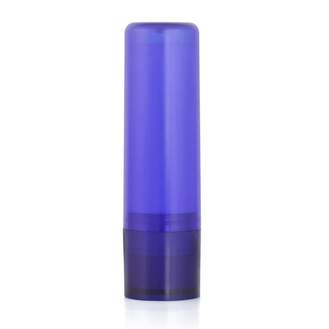 A purple lip balm container with a translucent body and a dark base, featuring a logo.