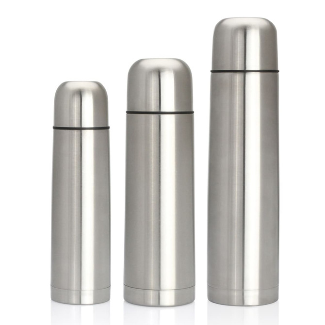 A drink bottle featuring three stainless steel flasks of varying sizes, all with a sleek, silver finish. Each flask has a logo.
