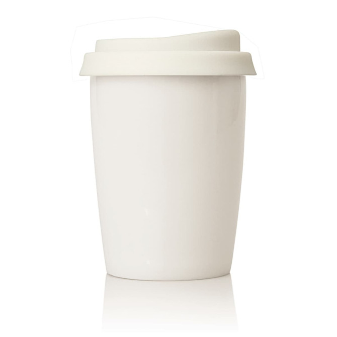 A ceramic eco coffee travel mug in white with a pale lid, featuring a logo on the side.