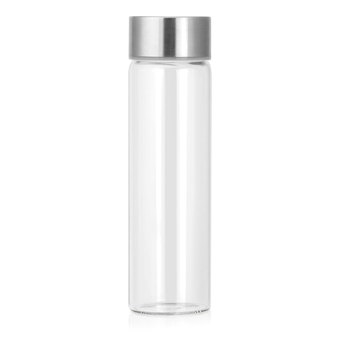 A drink bottle with a clear tritan body and a sleek silver lid, featuring a branding logo.