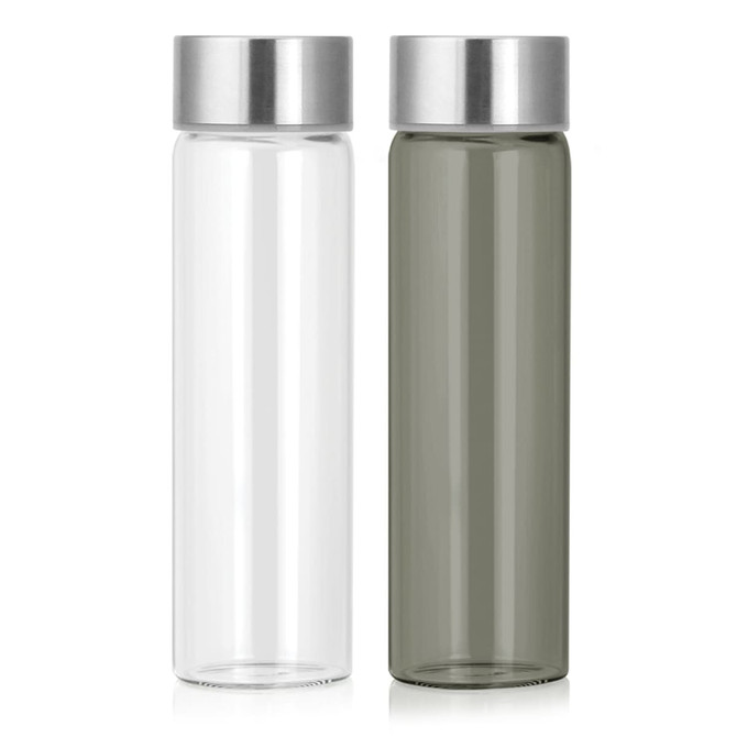 A drink bottle set featuring a clear and a smoky green Tritan bottle, both with a stainless steel lid.