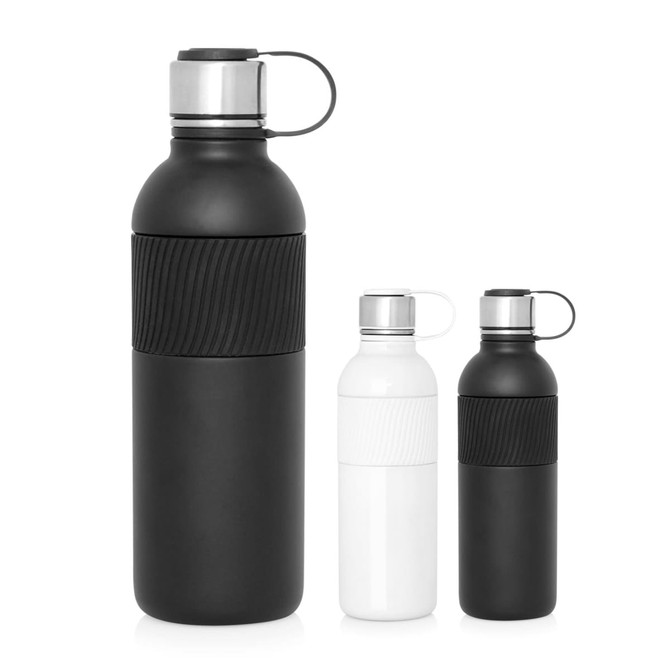 A drink bottle trio featuring a black stainless steel double wall 600ml bottle and smaller white and black versions, each with a lid.