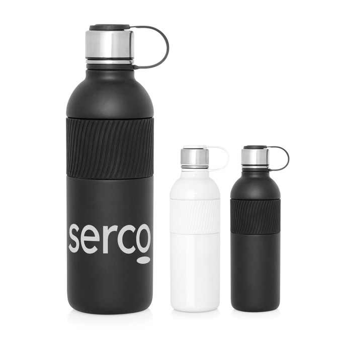 A drink bottle featuring a stainless steel double wall design in black and white, with a textured grip and a logo.