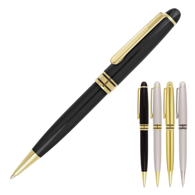 A black ballpoint pen with gold accents, accompanied by three additional pens in gold, silver, and white.