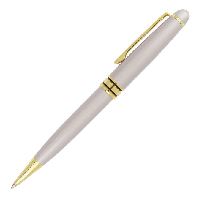 A metal ballpoint pen in silver with gold accents, featuring a sleek, classical design.