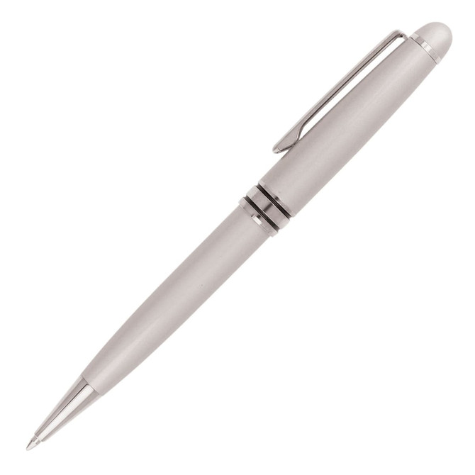 A metal ballpoint pen in silver and chrome, featuring a sleek design and a clip. It includes a logo.