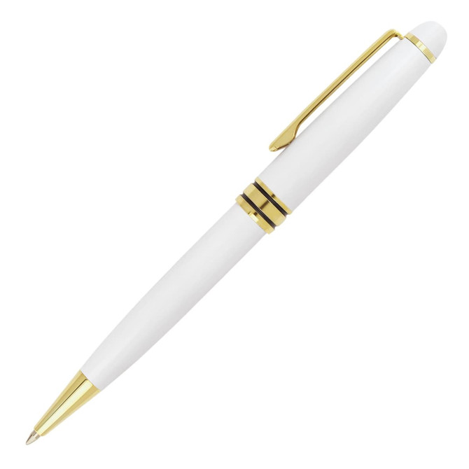 A metal ballpoint pen in white with gold accents and a clip, featuring a sleek, classical design.