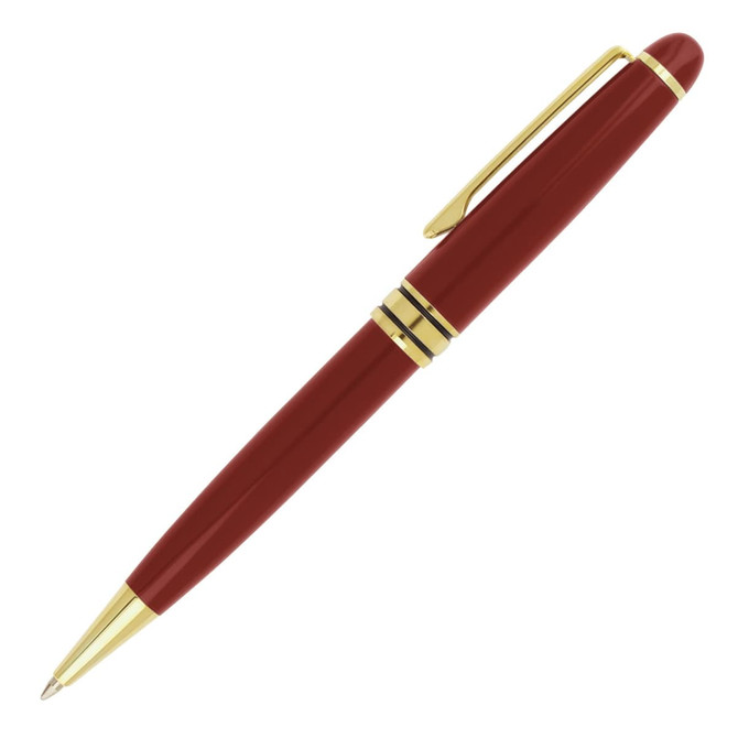A metal ballpoint pen in a deep red colour with gold accents and a clip. It features a logo on the body.