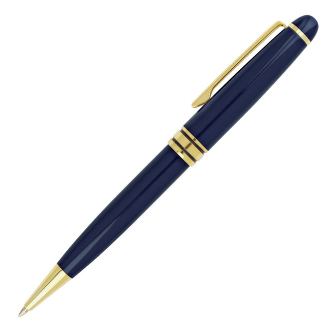 A elegant metal ballpoint pen in navy blue with gold accents, featuring a clip and decorative bands.