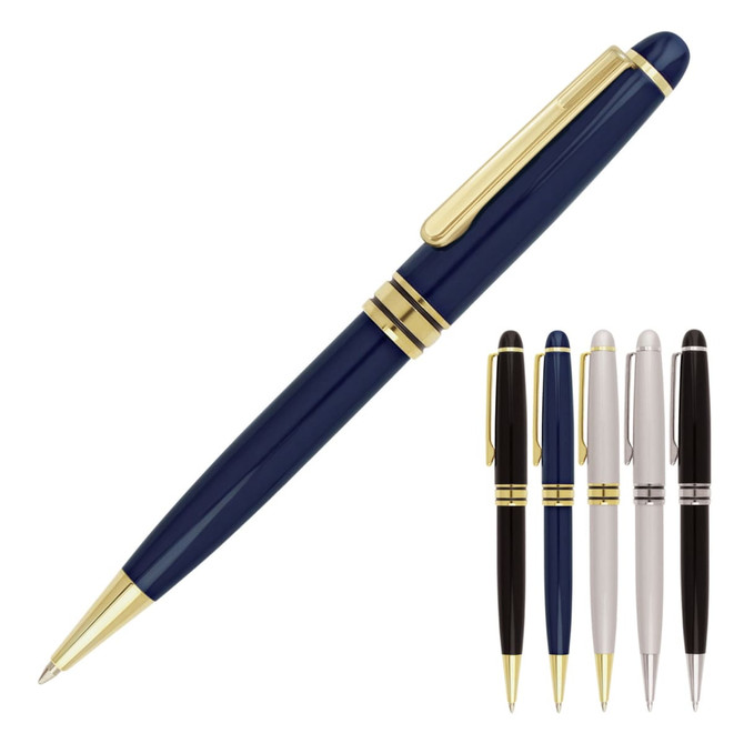 A ballpoint pen in navy blue with gold accents, alongside additional pens in black, white, and silver.