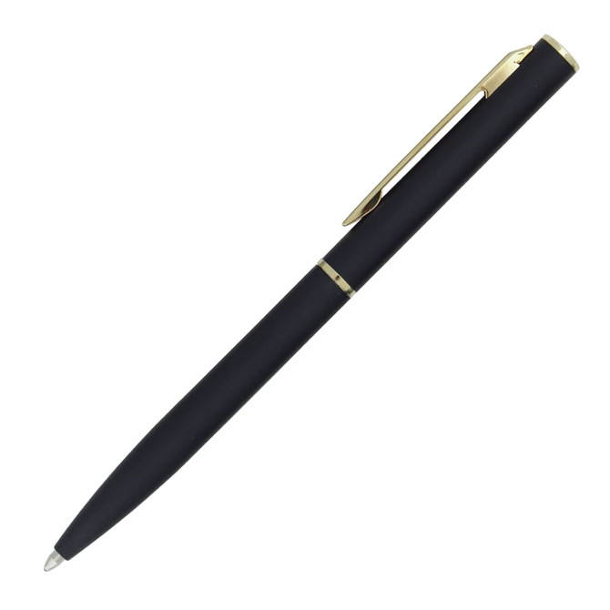 A black ballpoint pen with a gold clip and accents, featuring a sleek, elegant design.