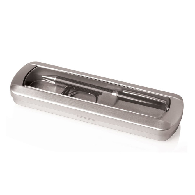 A silver gift box containing a pen and a keyring, displayed in a clear-top case.