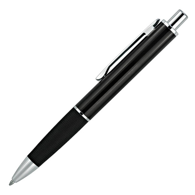 A metal ballpoint pen in black and silver, featuring a textured grip and a polished finish. It has a branding logo.