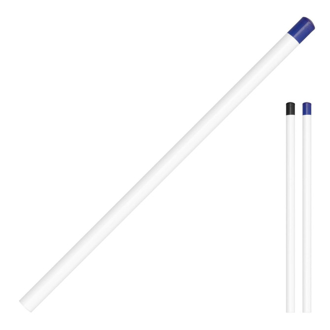 A pencil unsharpened with a white body and blue and black caps, alongside two smaller unsharpened pencils.