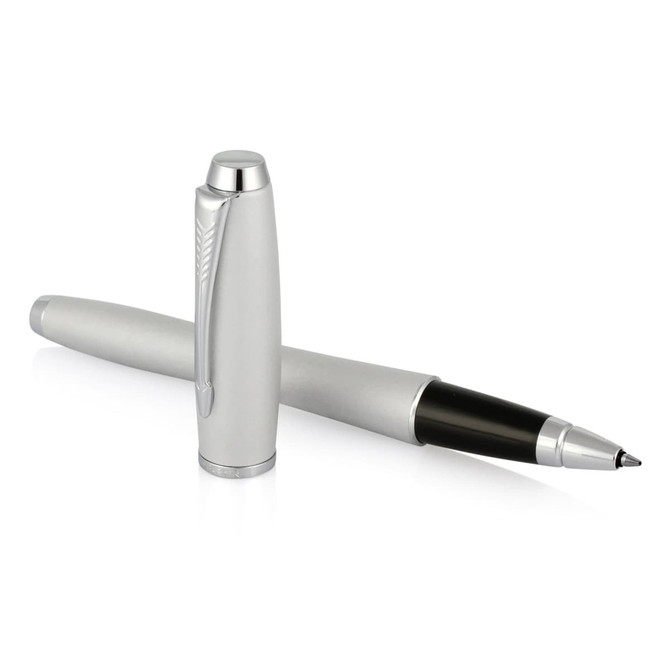 A silver rollerball pen with a sleek design, featuring a black tip and a clip. It has a branding logo.