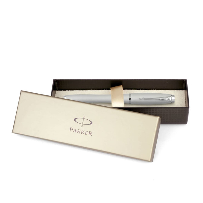 A silver rollerball pen in a stylish box with a logo, featuring a textured design.
