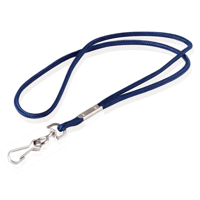 A navy blue and white lanyard cord, 4mm thick, featuring a metal clip and a transparent ID holder.
