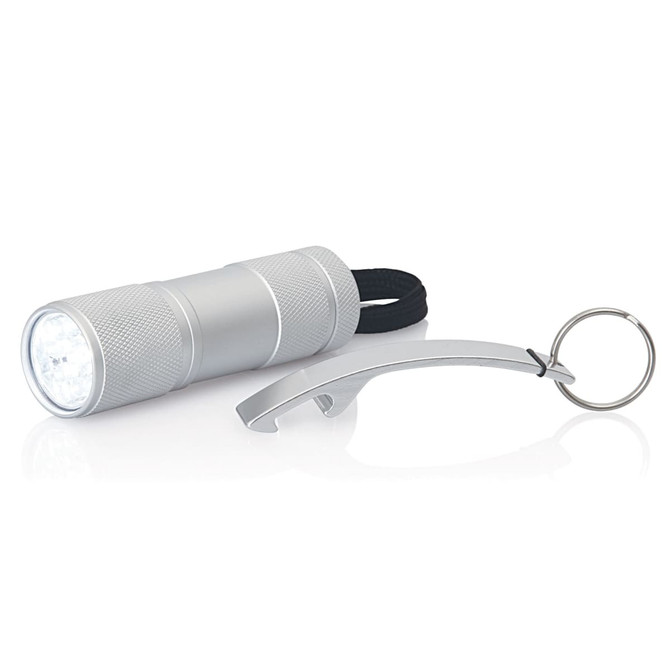 A drink bottle opener and LED torch keyring set in silver, featuring a sleek design with a keyring attachment.