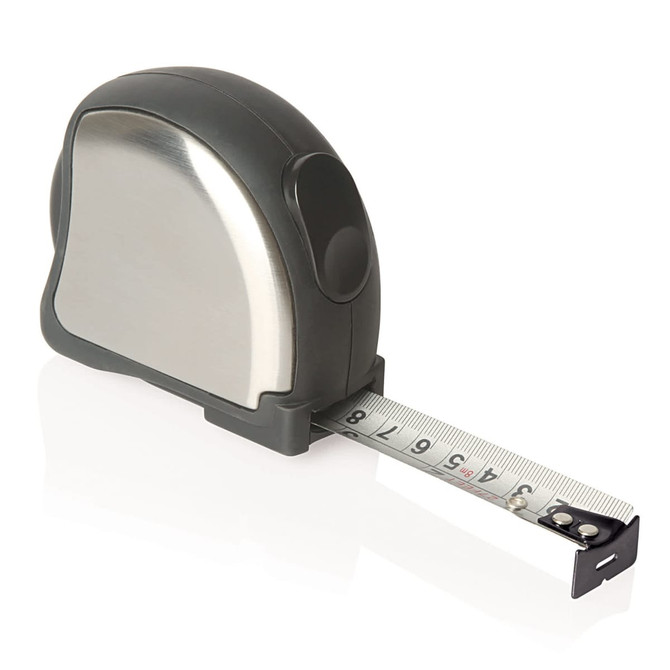 A tape measure in grey and silver, featuring a retractable measuring tape with metric units.
