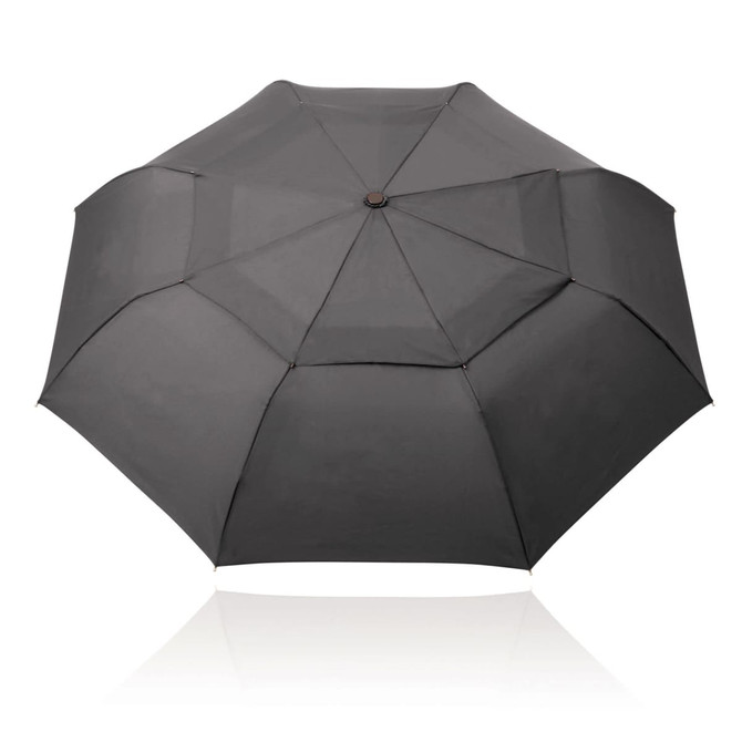 A black 54cm folding umbrella with a wind-vented design, featuring a branded logo.