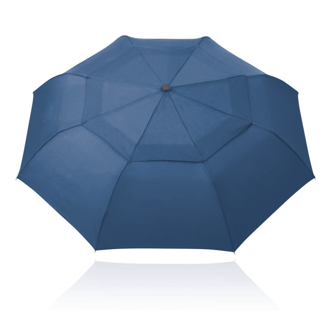 A blue 54cm folding umbrella with a wind-vented design and a central button mechanism. It features a logo.