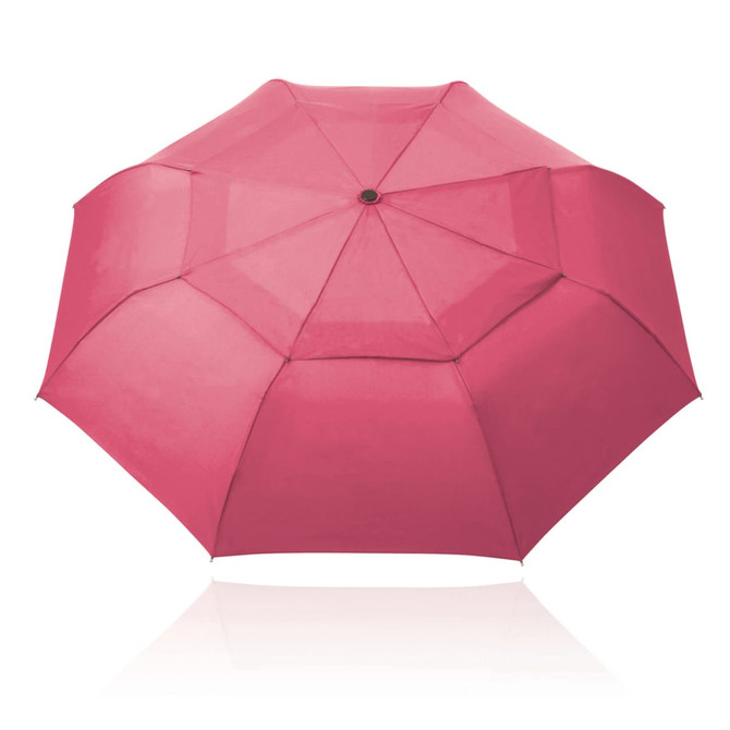 A pink 54cm folding umbrella featuring a wind-vented design and a central button for easy opening.
