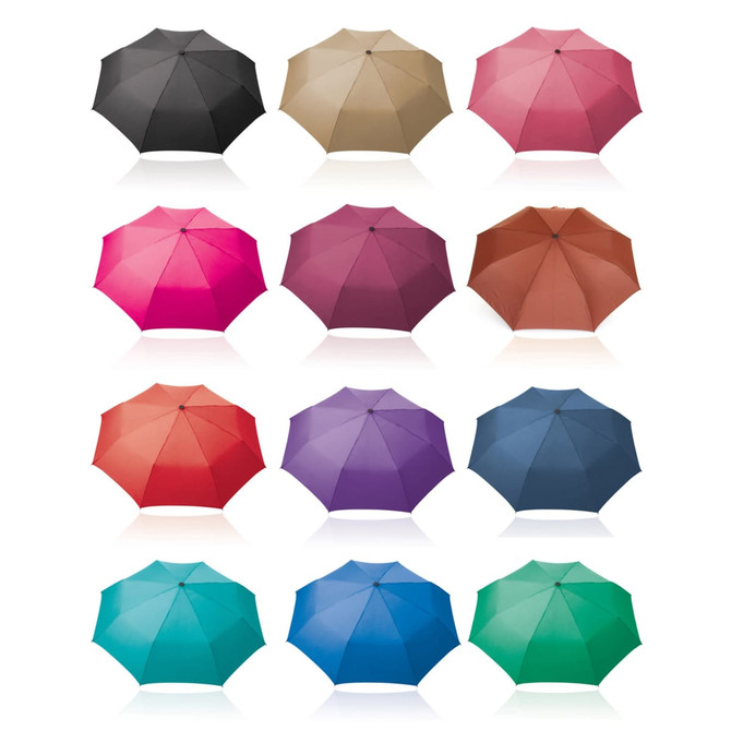 A series of 12 umbrellas in various colours including black, pink, red, purple, and teal, featuring a logo.