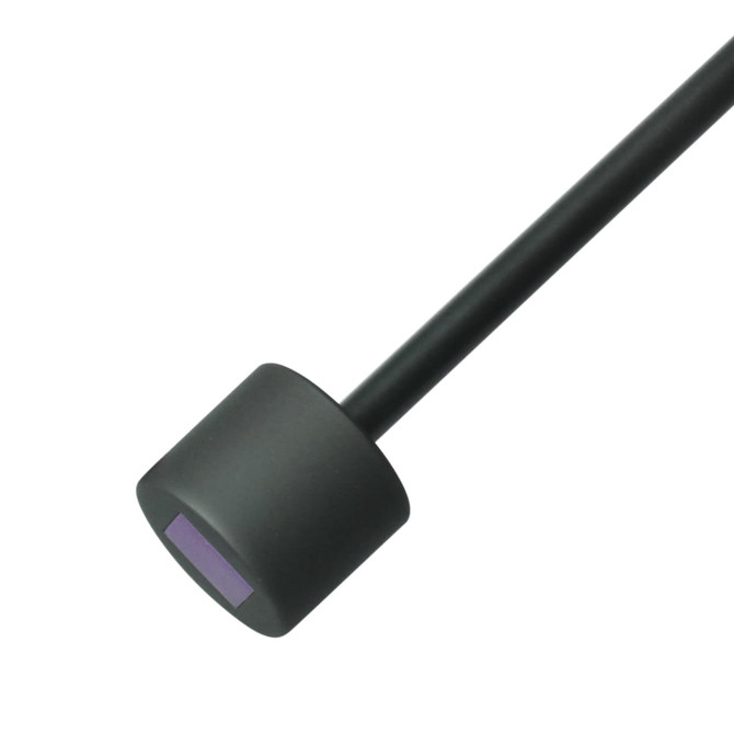 A black handle with a rounded end, featuring a small coloured detail at the top. The handle is attached to a long rod.