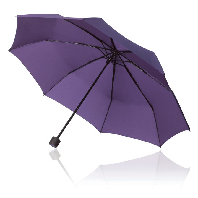 A purple 55cm folding umbrella with a black handle and a sleek design. Features a branding logo.