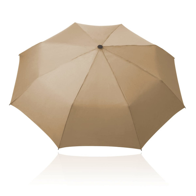 A 55cm folding umbrella in a light brown colour with a black button, featuring a logo on the handle.