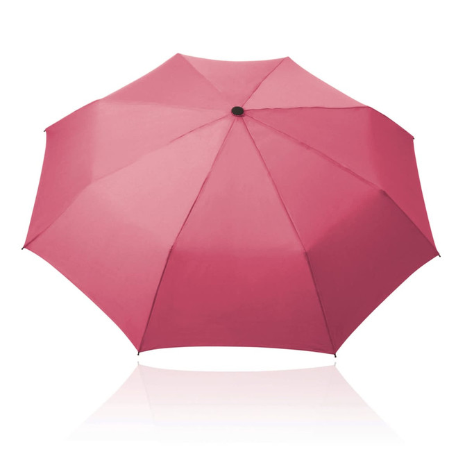 A pink 55cm folding umbrella with a rounded top and a central button, featuring a protective covering.