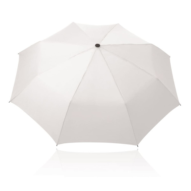 A white 55cm folding umbrella with a rounded top and a central button, featuring a logo on the handle.