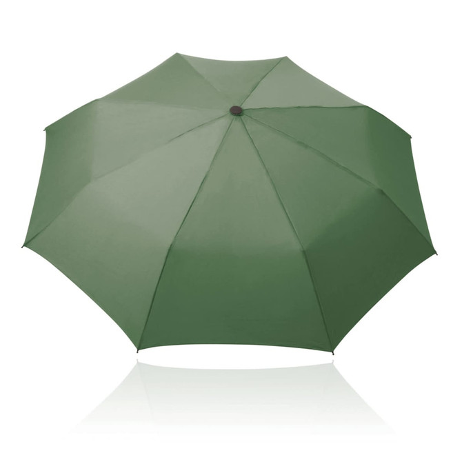 A green 55cm folding umbrella with a rounded top and a central knob, featuring a logo.