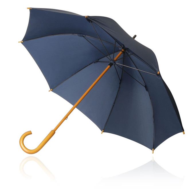 A navy-blue umbrella with a wooden handle and a curved tip, featuring a branding logo.