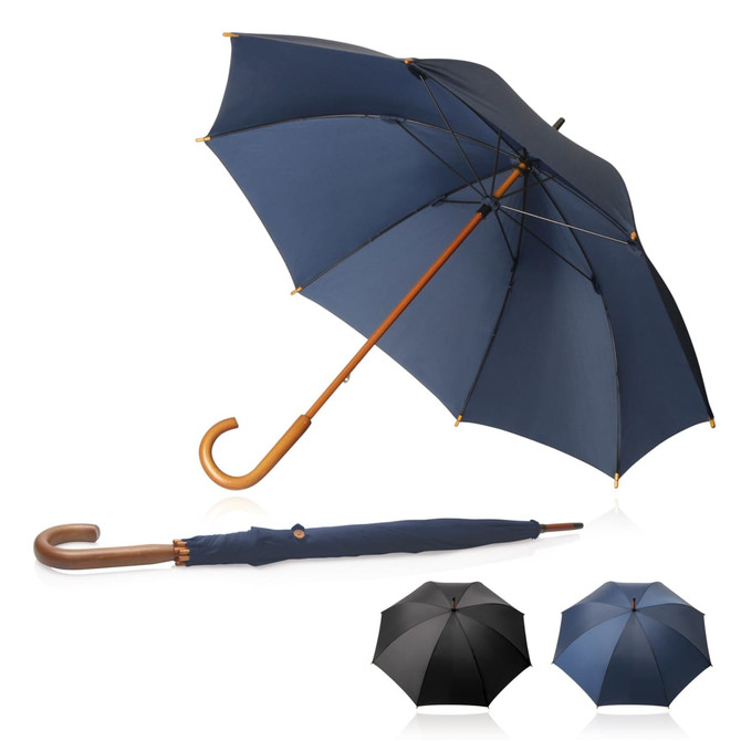A 60cm long Shelta Executive umbrella in navy with a curved wooden handle. Also shown in black and folded.