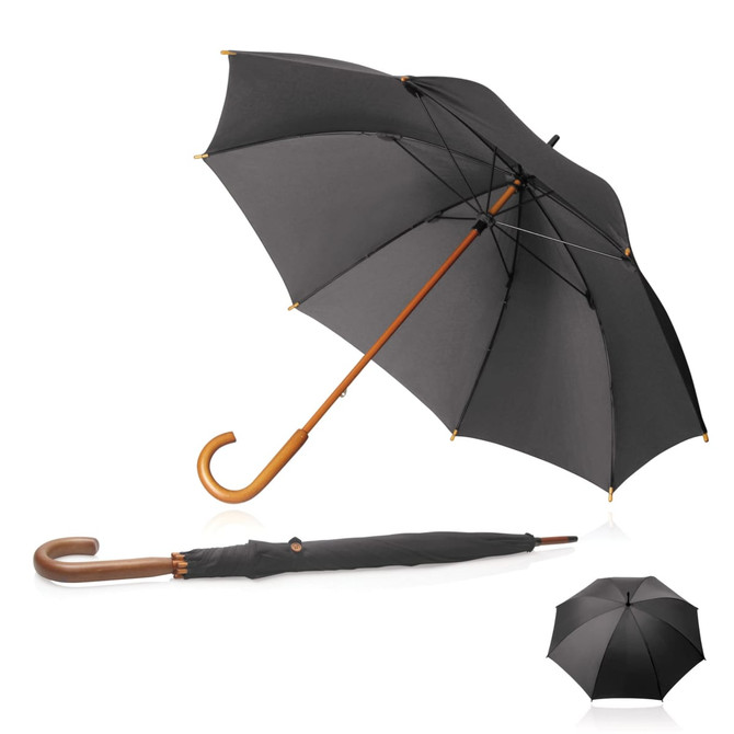 A black executive umbrella with a wooden handle, folded and open, featuring a sleek design and metallic details.