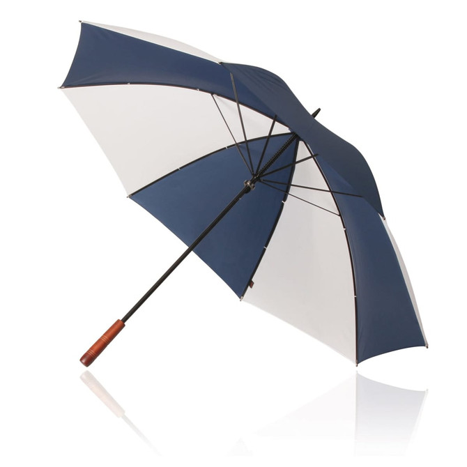 A 75cm umbrella featuring a navy blue and white canopy with a wooden handle and black frame.