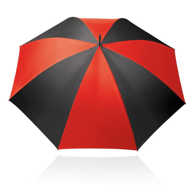 A 75cm umbrella featuring a red and black alternating design, with a sturdy canopy and a logo on the handle.