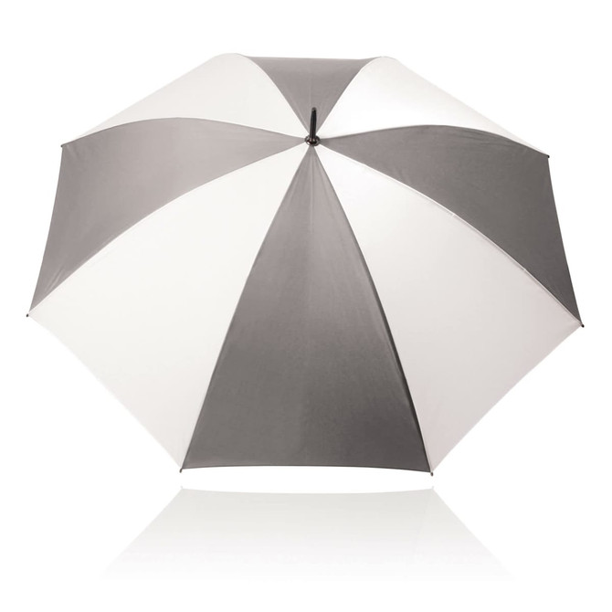 A 75cm umbrella featuring a grey and white striped design and a central shaft with a branding logo.