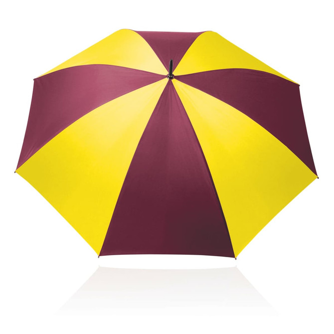 A 75cm umbrella featuring a maroon and yellow striped design, with a black handle and a branding logo.