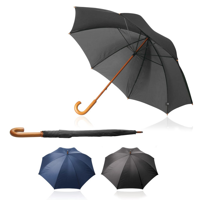 A 75cm black umbrella with a wooden handle, alongside a navy blue and grey umbrella, all featuring a logo.
