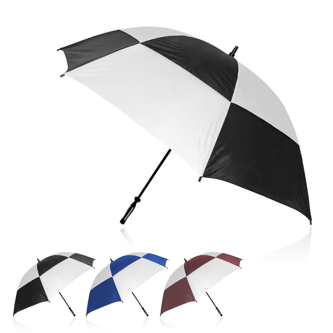An umbrella featuring a black and white checkered pattern with options in blue, black, and burgundy. Includes a logo.