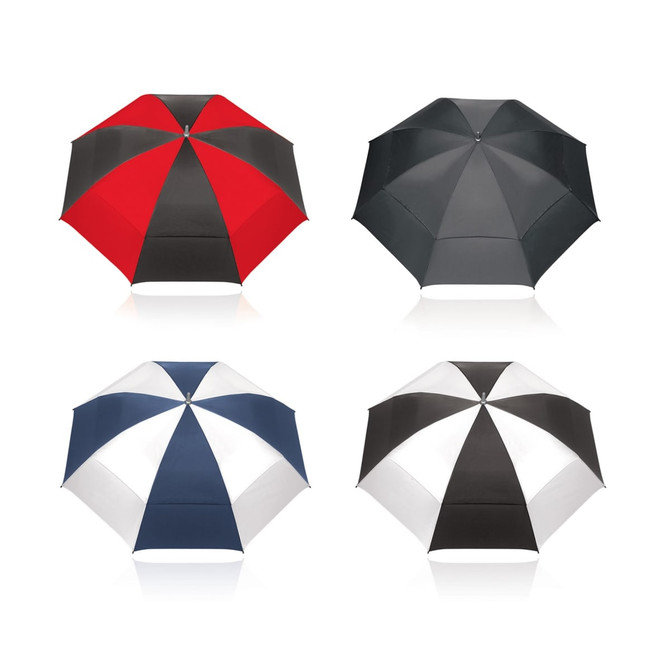 A promotional umbrella featuring a 75cm canopy, available in red and black, grey, navy and white, with branding.