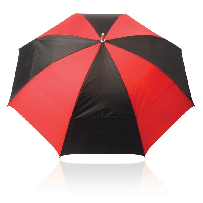 A 75cm umbrella featuring a bold design with red and black panels, including a handle and a logo.