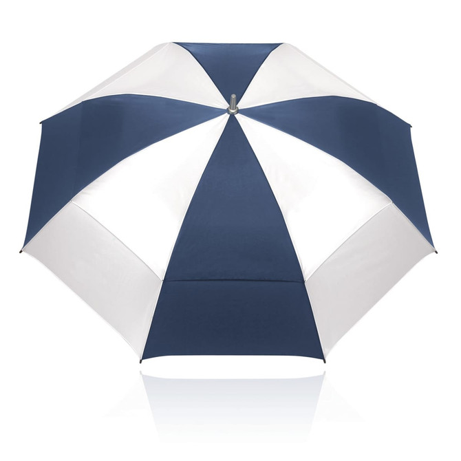 A navy and white umbrella with a 75cm diameter, featuring a symmetrical design and a metal shaft. 