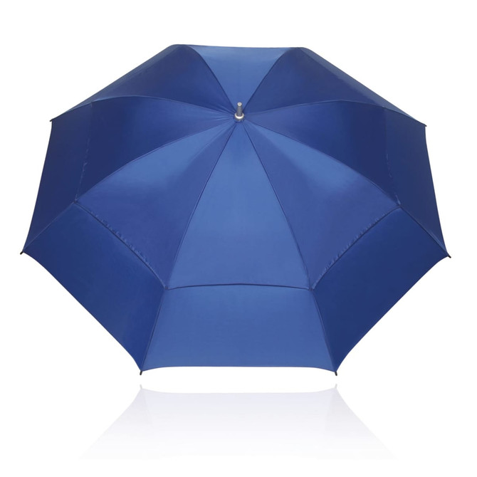 A blue 75cm umbrella with eight panels and a central silver button, featuring a simple design and a logo.