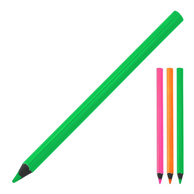 A green highlighter pencil with three smaller markers in pink, orange, and green. The product has branding.
