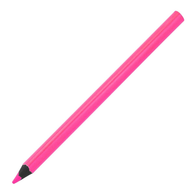 A pink highlighter shaped like a pencil, featuring a black tip and a simple design, with a logo visible.