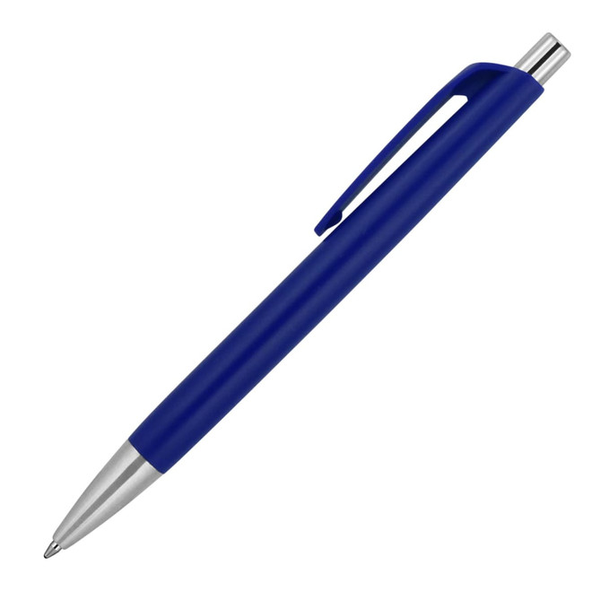A ballpoint pen with a matte blue finish and silver accents, featuring a clip and a sleek design.