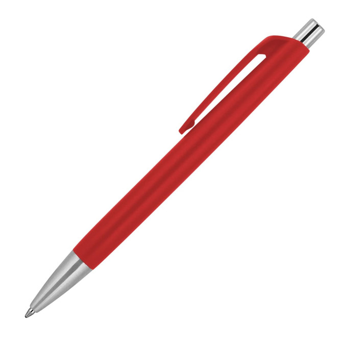 A ballpoint pen in matte red with a silver clip and tip, featuring a logo.